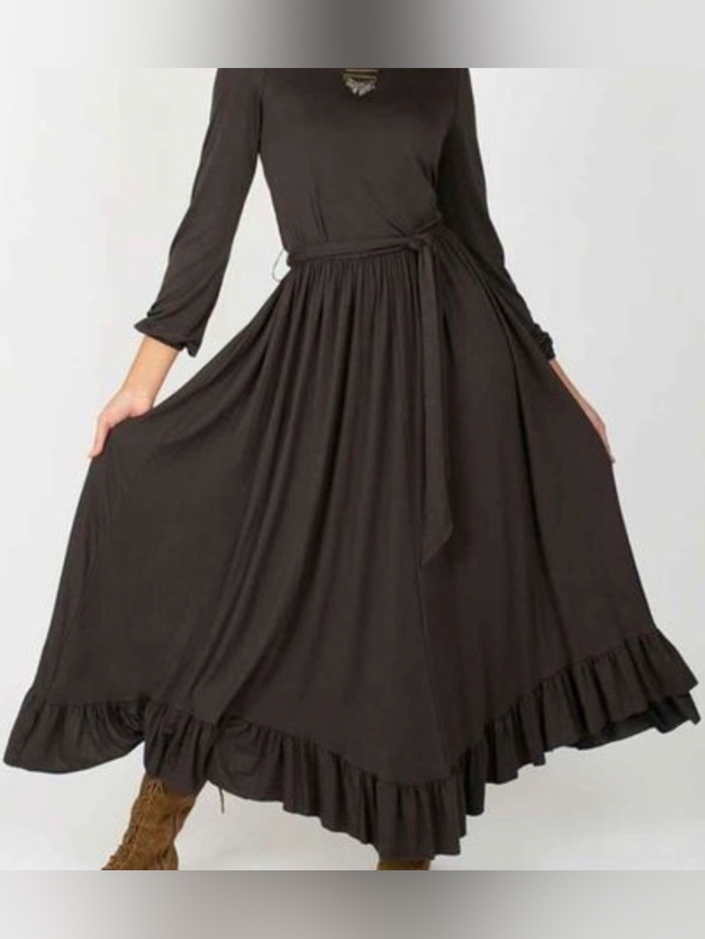 NWT MIA JOY JOYFOLIE Women’s KIMANI Maxi Dress Washed Black ruffle hem modest